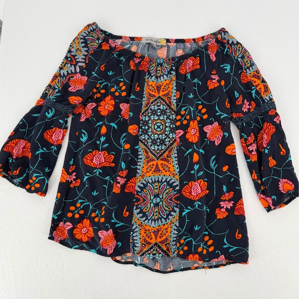 Figueroa & Flower‎ Blouse Womens PS Navy Floral Boho Off Shoulder Bell Sleeve